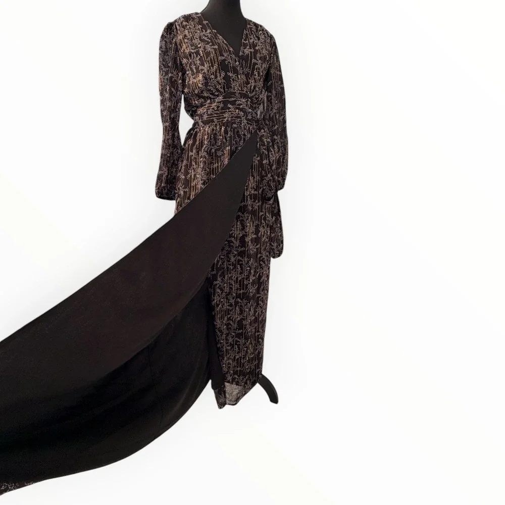 BTFL‑Life Black Gold Metallic Floral Wrap Maxi Dress Long Sleeve Slit Size Small